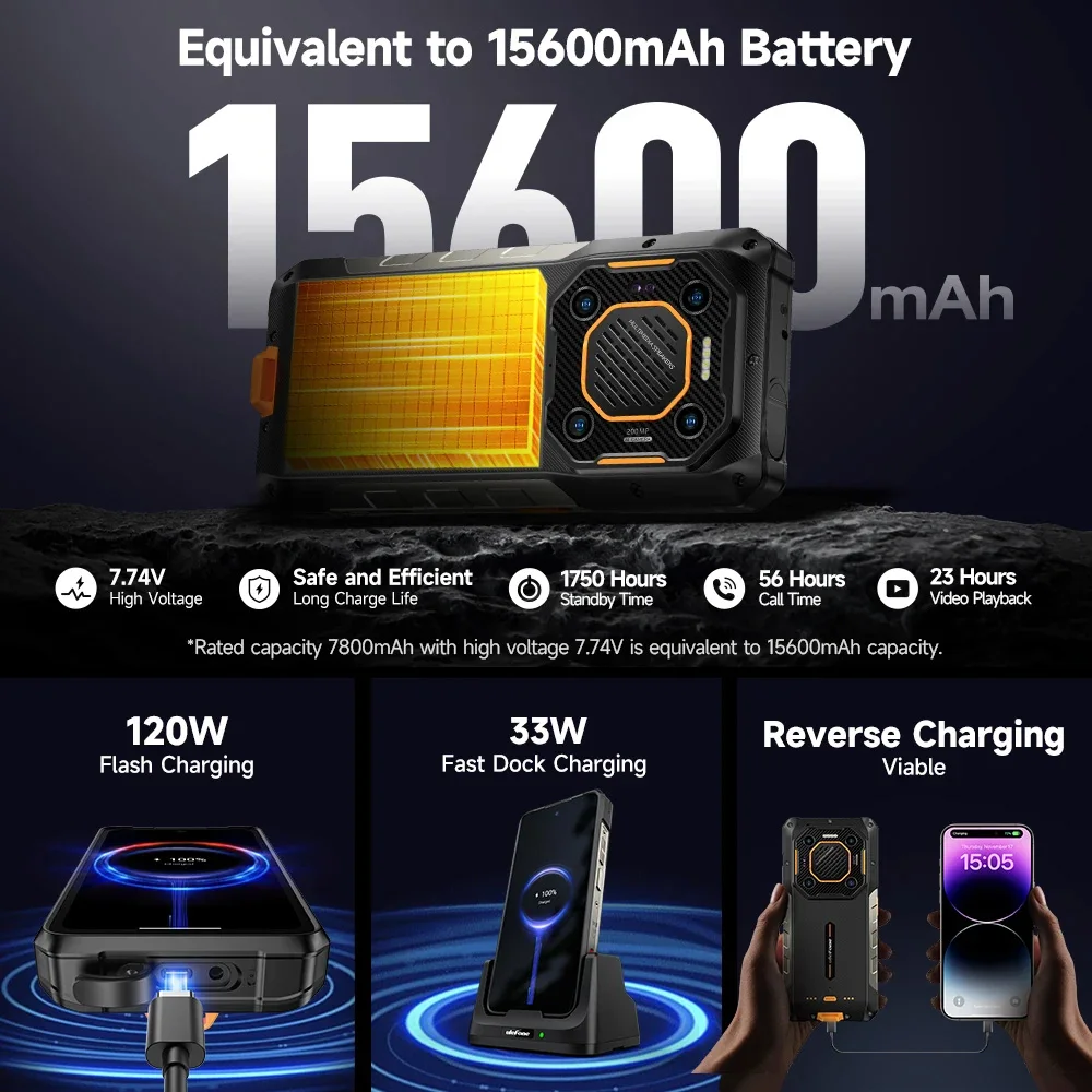 Фото Ulefone Armor 26 Ultra Walkie Talkie, Защищенный телефон 5G, 120 Вт, 15600 мАч, 200 МП + 64 МП + 50 МП, NFC, водонепроницаемый смартфон, до 24 ГБ ОЗУ, 512 ГБ ПЗУ, 6,78“, 120 Гц, Android 13 прочный №4