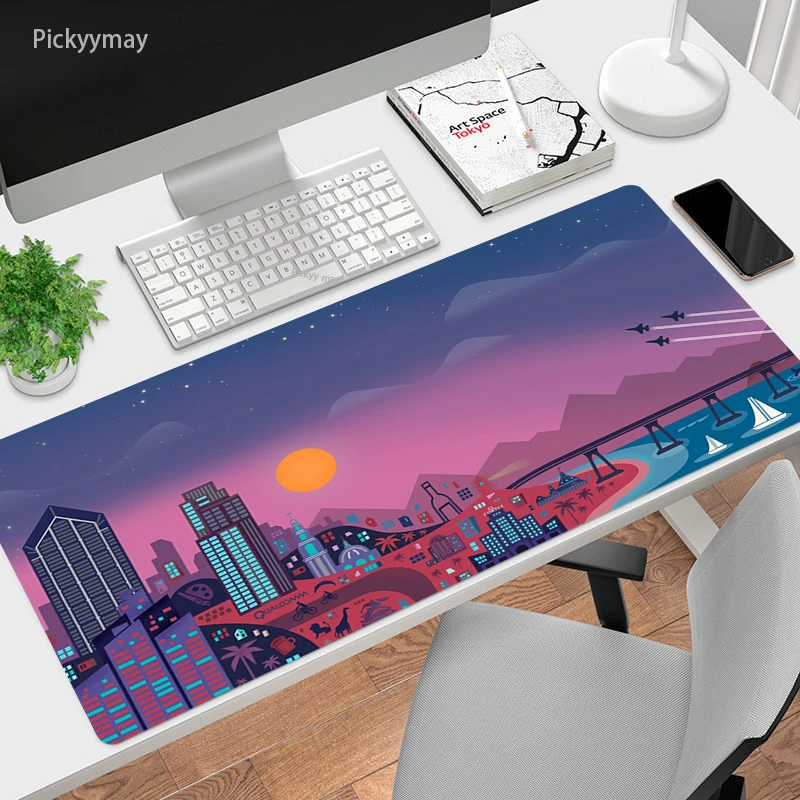 

City Neon Landscape Mousepad Gaming Mouse Pad Anime XXL Computer Large Rubber Office Desk Keyboard Mouse Pad Table Mat 900x400