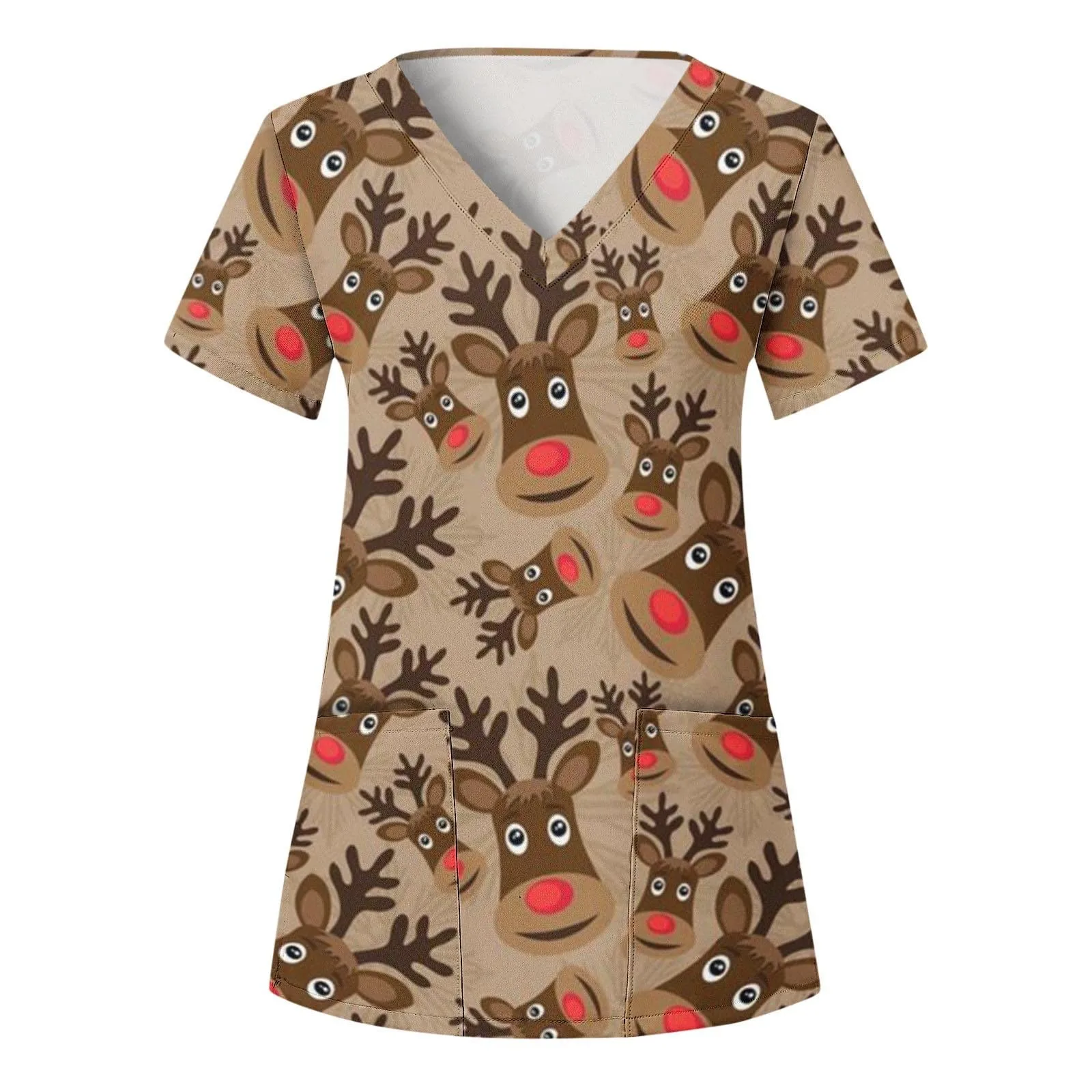 

Healthcare Tunic S-5xl Blouse V-neck Shirt Carer Uniform Christmas Print Nursing Tops Women Pet Clinic With Pocket Short Sleeve