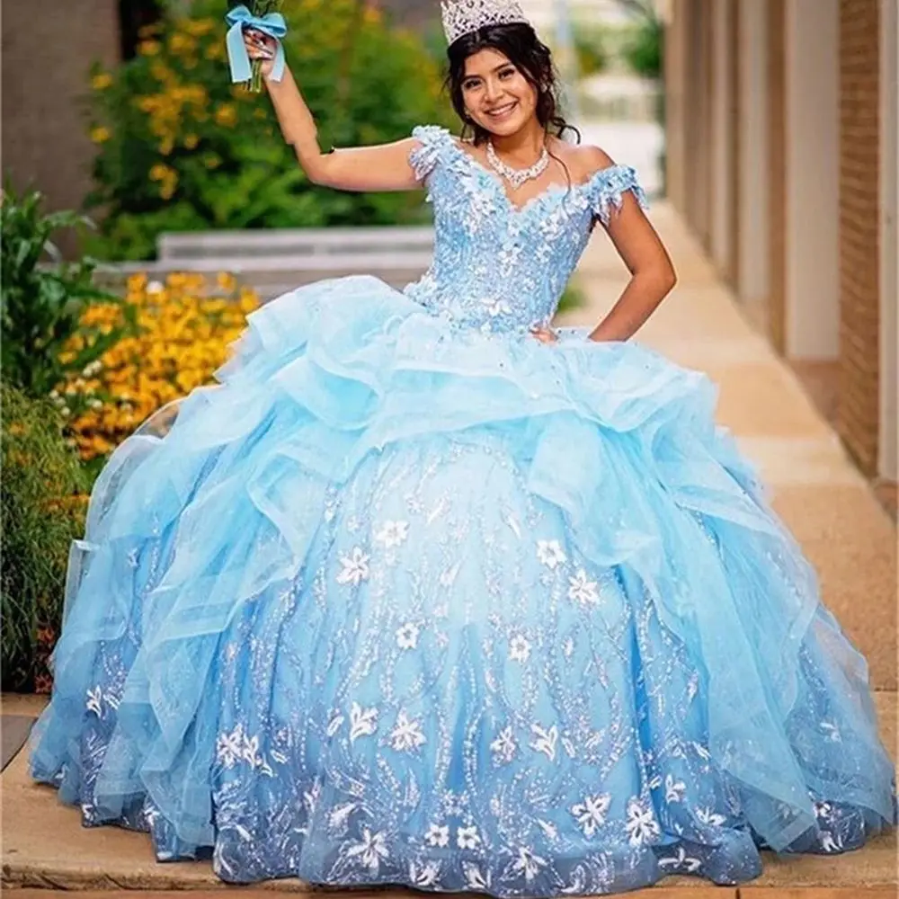 

Sky Blue Ruffles Appliques Quinceanera Dresses Ball Gown Princess Sweetheart Sweet 15 16 Dress vestidos de 15 años