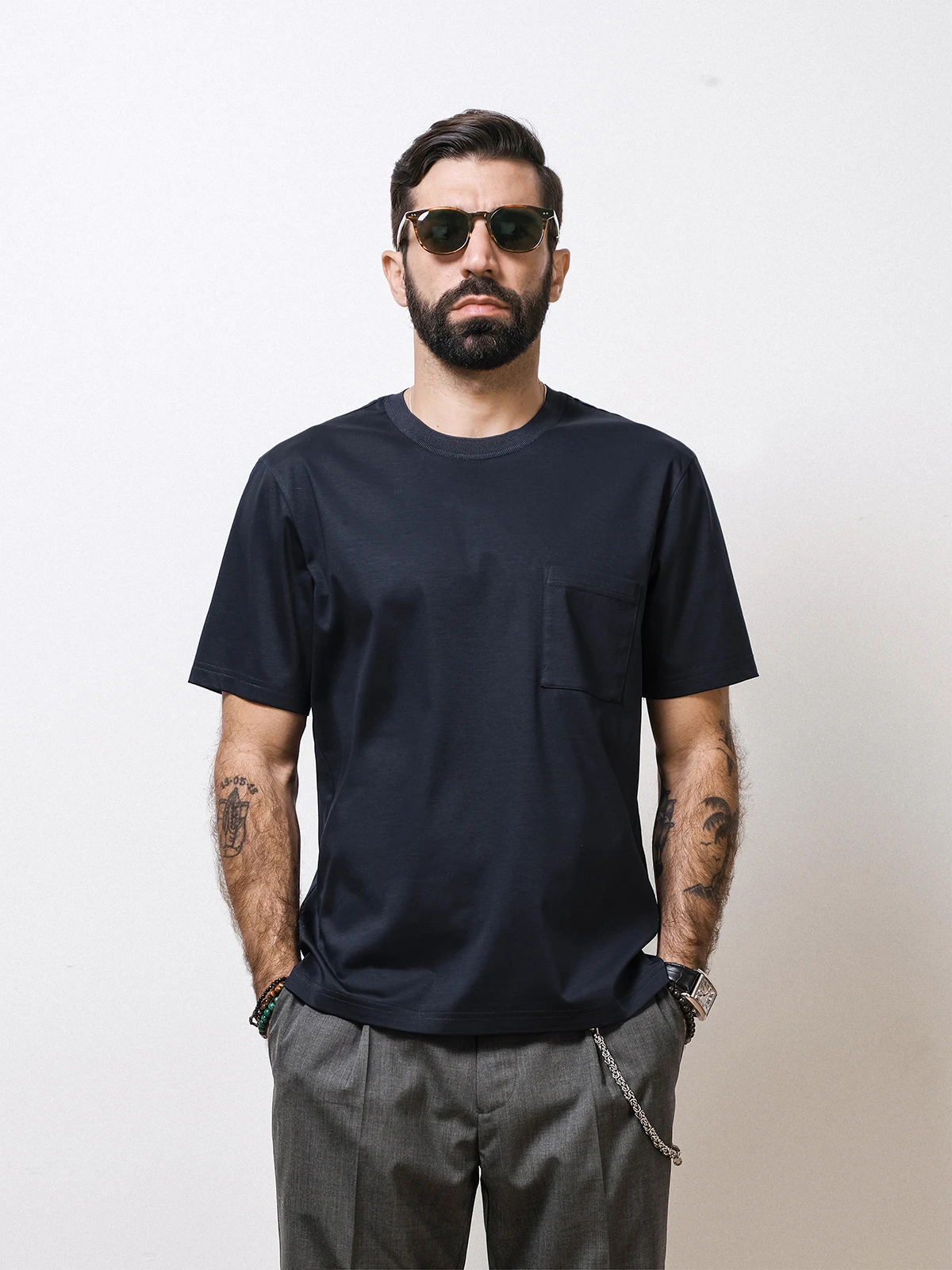 &quotPocket T-IRT&quot Summer High end Double-sided Mercerized Long-staple Cotton Loose round Neck Short sleeve Pocket T-shirt