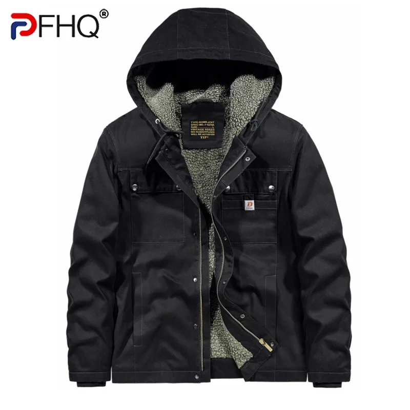 

PFHQ 2023 Winter Cotton Padded Coat Man's Imitation Lamb Wool Coat Hooded Vintage Velvet Thicken Warm Safari Style Jackets Parka