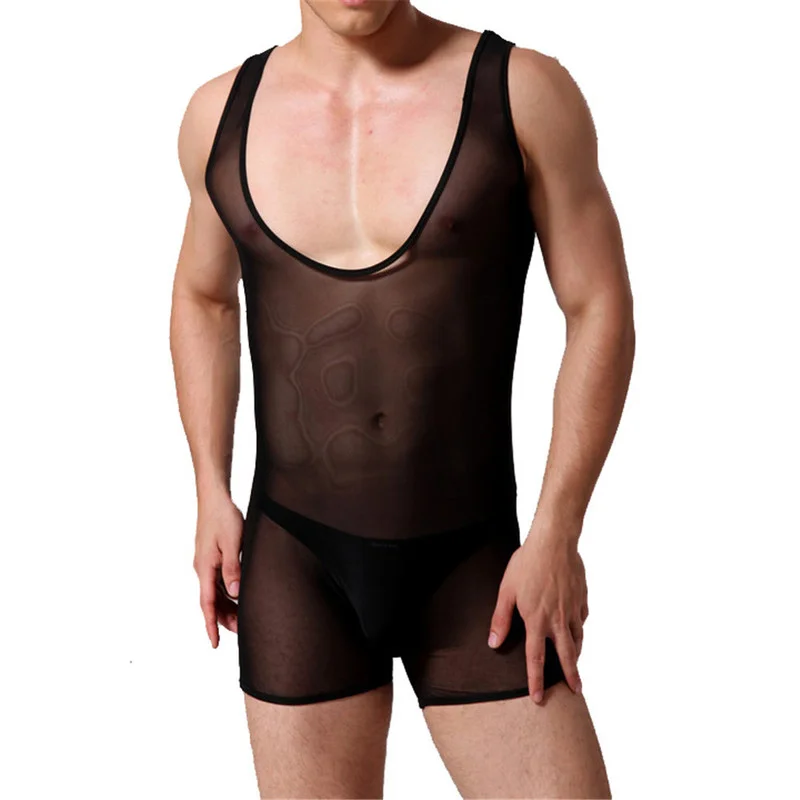YUFEIDA Male Sexy Underwear See Through Bodysuits Sissy Leotard Wrestling Singlet Jumpsuits Men Erotic Lingerie Fetish Bodysuit