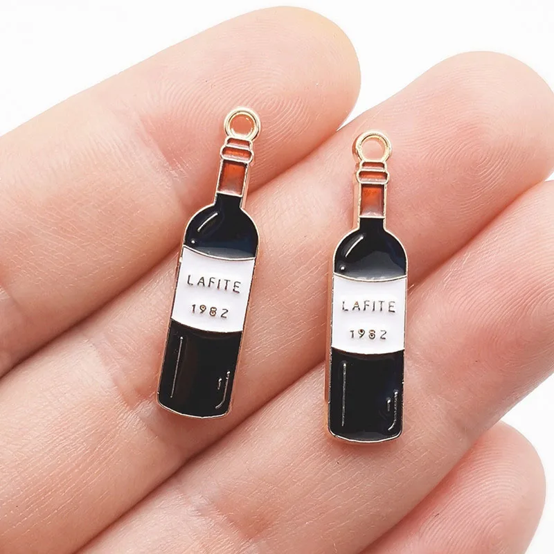 10Pcs Enamel Red Wine Bottle Glass Goblet Charms Metal Pendant Golden Color Earring for Jewelry Making DIY Accessories