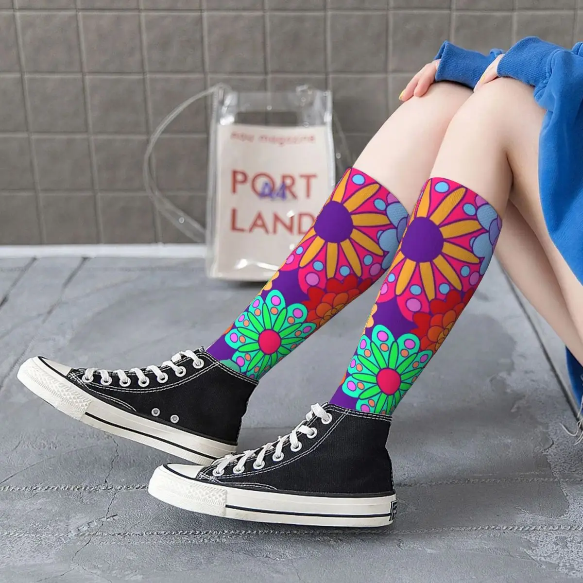 

70S Flower Power Socks Retro Hippy Print Fun Teenage Mid Stockings Large Chemical Fiber Trekking Elastic Socks