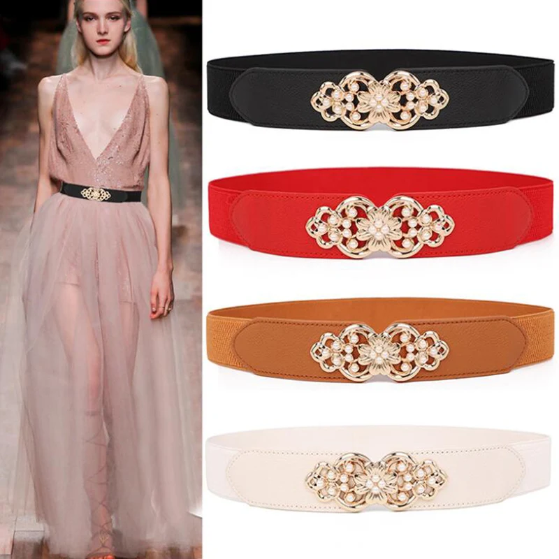 

New Flower Pearl Metal Buckle Belts For Female Lady PU Leather Elastic Waist Belts Dress Coat Corset Cummerbunds Black Waistband