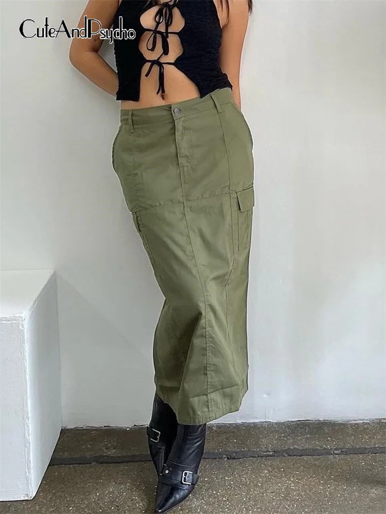 

Cuteandpsycho Vintage Y2K Green Cargo Skirts Casual Women's Retro Harajuku Outfits Chic Pockets Aesthetic Grunge Clothes Cute