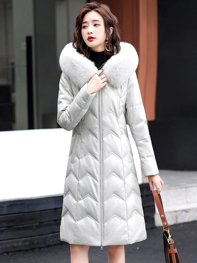 New Women Leather Down Coat Winter Casual Fashion Warm Real Fox Fur Collar Hooded Sheep Leather Down Jacket Slim Long Thick Coat