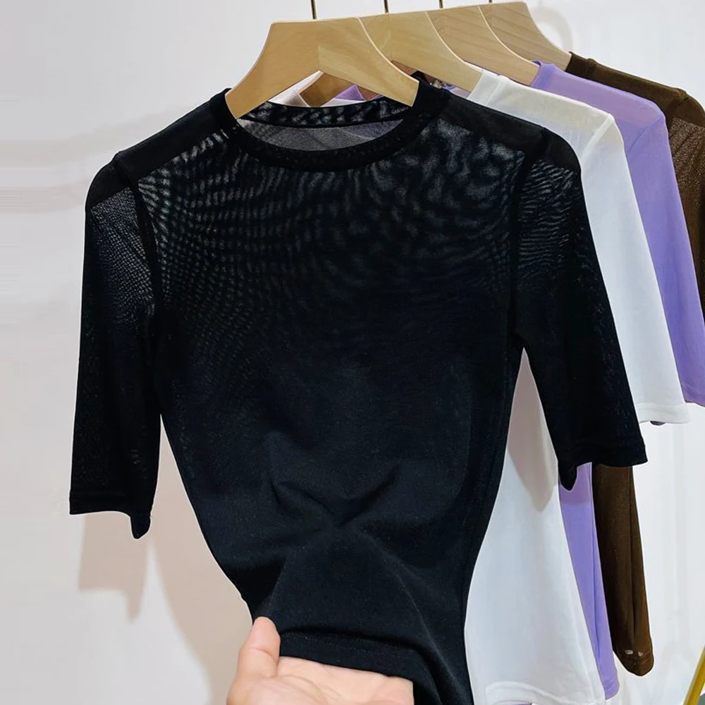 Transparent Half Sleeve O-neck Thin T shirt Women 4 Colors Size  S M L XL Colorful Mesh O Neck Female Blouses Short Sleeve Tops images - 6