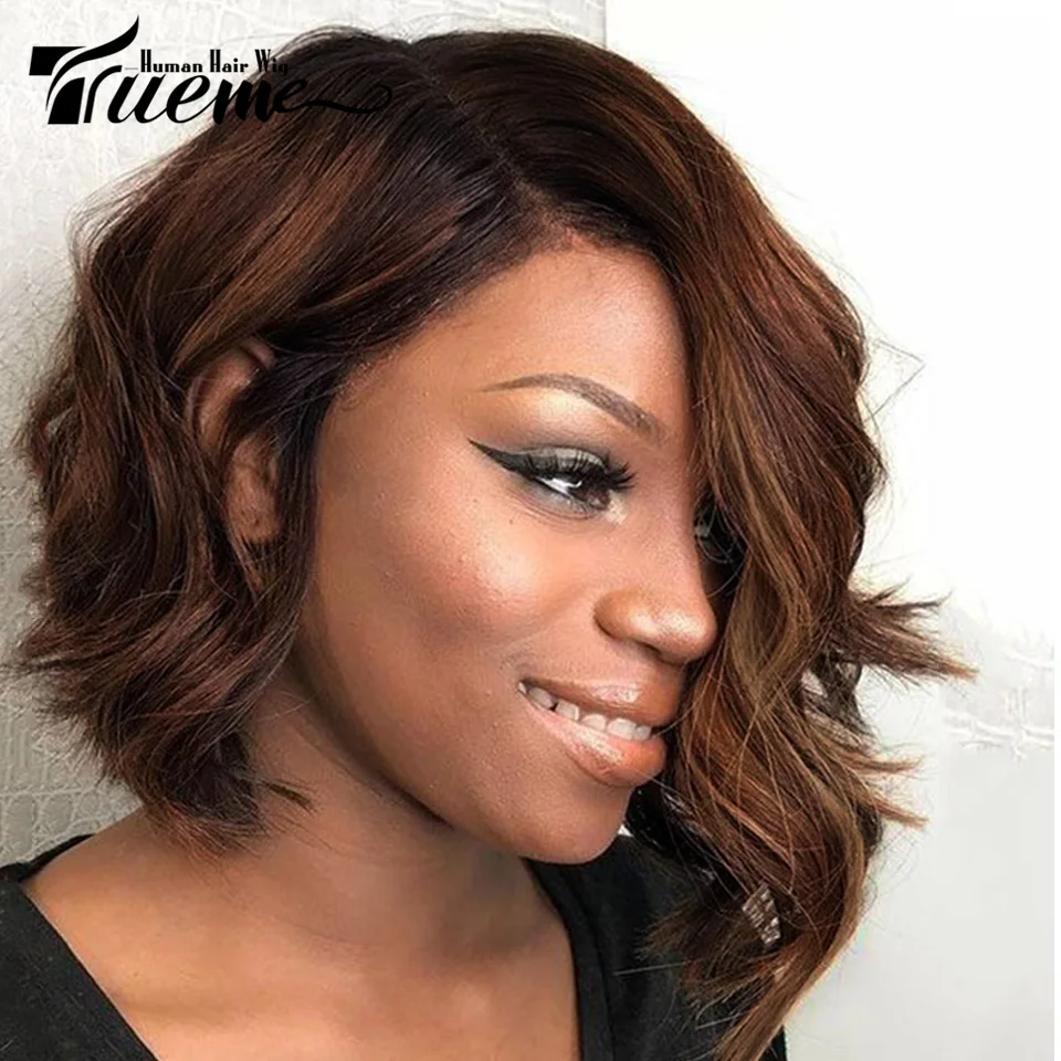 Trueme Bouncy Curly Short Bob Wig Lace Front Human Hair Wigs Brazilian Highlight Brown Water Wave Lace Human Hair Wig For Women