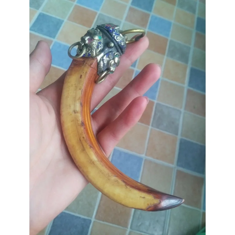 

Tibetan silver lion head inlaid Tooth talismanic Pendant To ward off bad luck