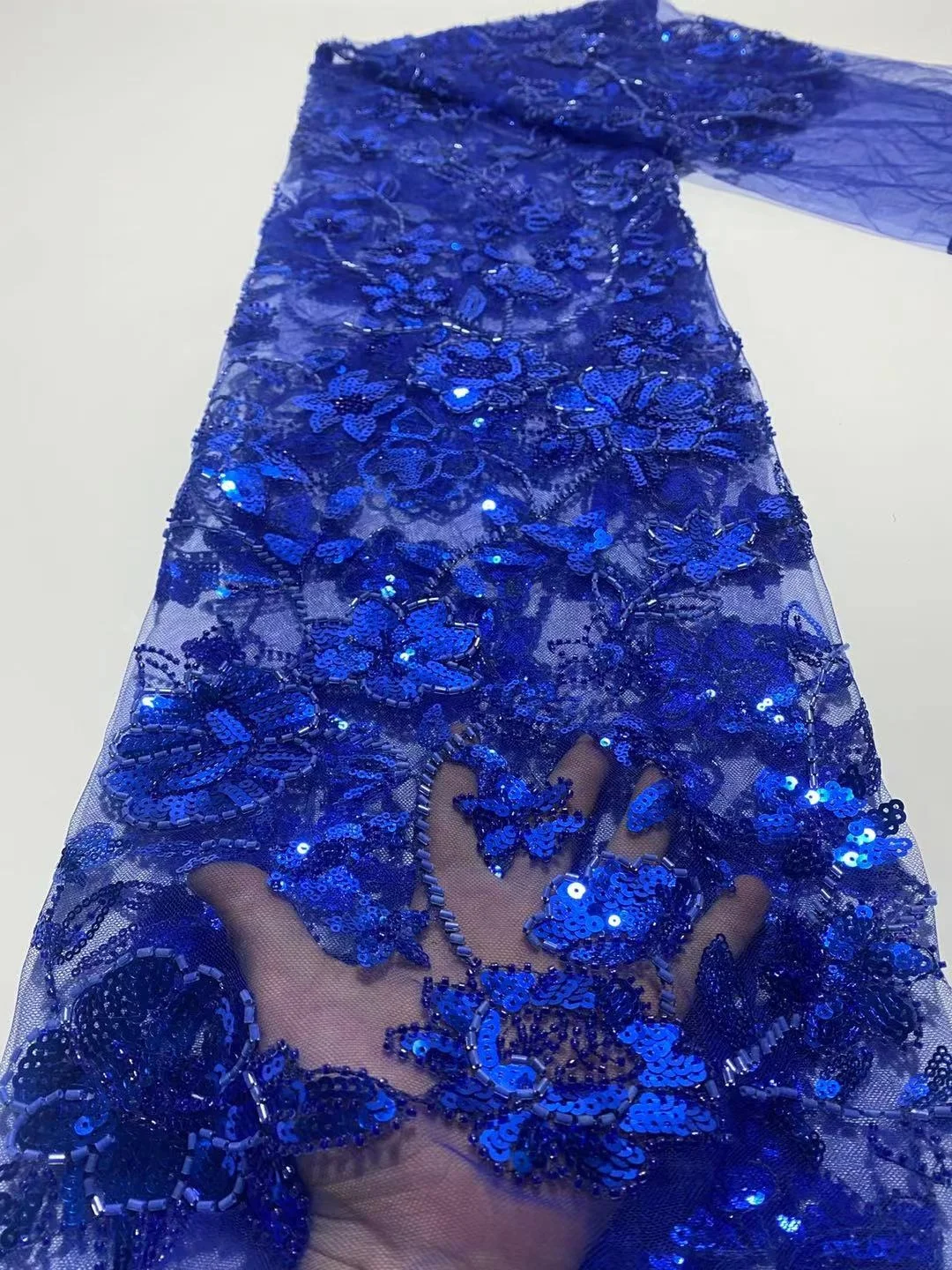 

2022 Royal Blue Embroidery Luxury sequins Lace Fabric Sequence Mesh French Tulle beaded Lace Fabrics For Wedding Party Dress
