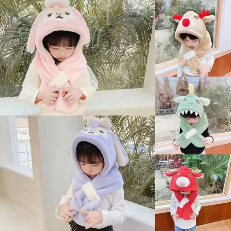 

Детский шарф из двух частей, мультяшный плюшевый шарф для мальчиков и девочек на осень и зиму, плотная теплая шапка, Детская плюшевая шапка, подарок