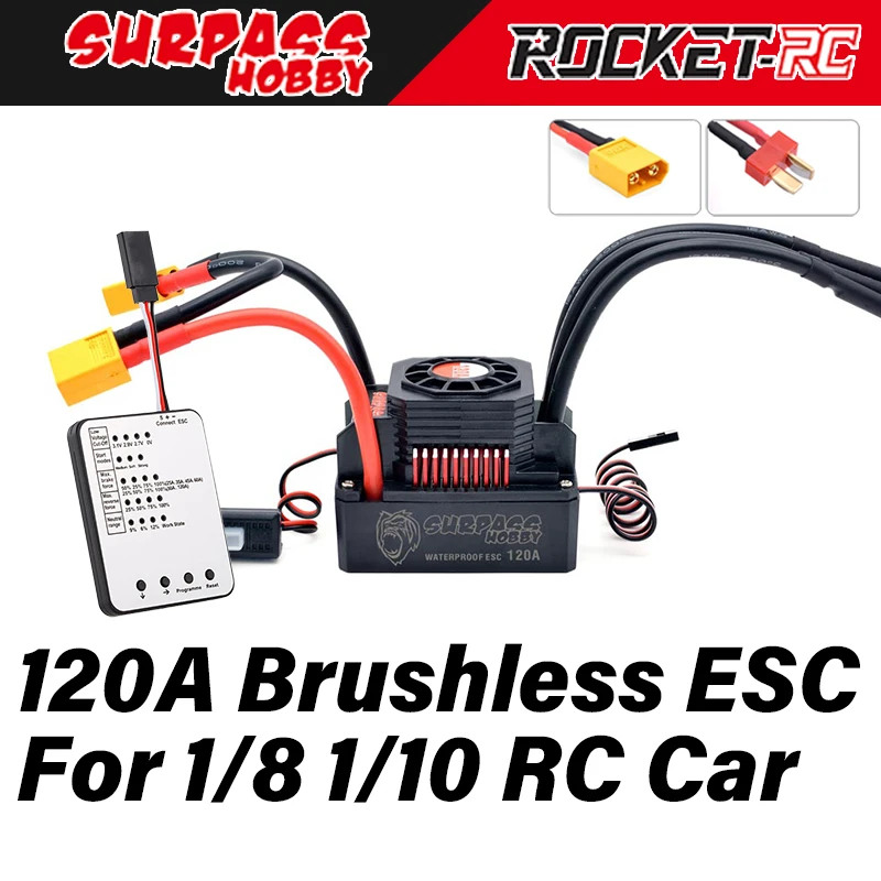 

Surpass Hobby Waterproof 120A Brushless ESC Speed Controller Double XT60 Plug for 1/8 1/10 RC Car Servo Motor 2-6S Battery Truck