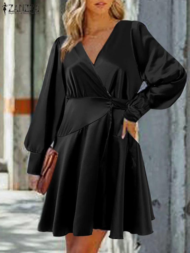 

ZANZEA Femme Elegant Solid Robe Women A-line Work OL Sundress Summer V Neck Long Sleeve Satin Dress Casual Knee-length Vestidos