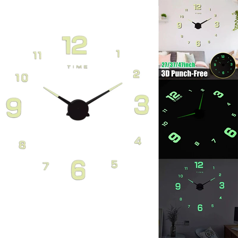 

DIY 3D Punch-Free Wall Clock Silent Quartz Luminous Decor Sticker Wall Night Clocks