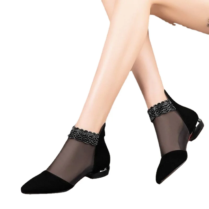 

new summer sandals Pointed High heels Women shoes Black Lace Ankle Flower low Heel zipper flowers casual sandals