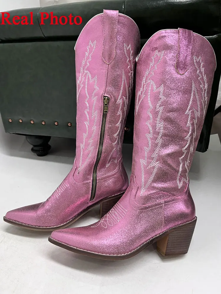 Cowboy Women Western Boots 2022 Autumn Winter Pink Knee High Cowgirl Boots Pointed Toe Embroidery Great Quality Women Shoes images - 6
