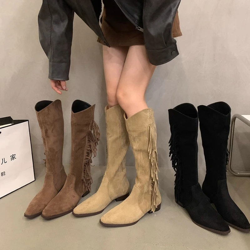 

Винтажные длинные ботинки на толстом каблуке с острым носком для женщин на раннюю осень 2023 новые ботинки с длинным рукавом и V-образным вырезом с кисточками и высоким рукавом