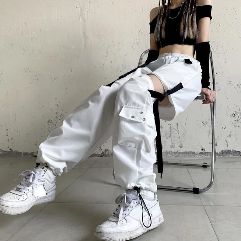 

Gothic White Black Cargo Pants Women Korean Fashion Punk Hip Hop Joggers Casual Detachable BF High Waist Loose Trousers