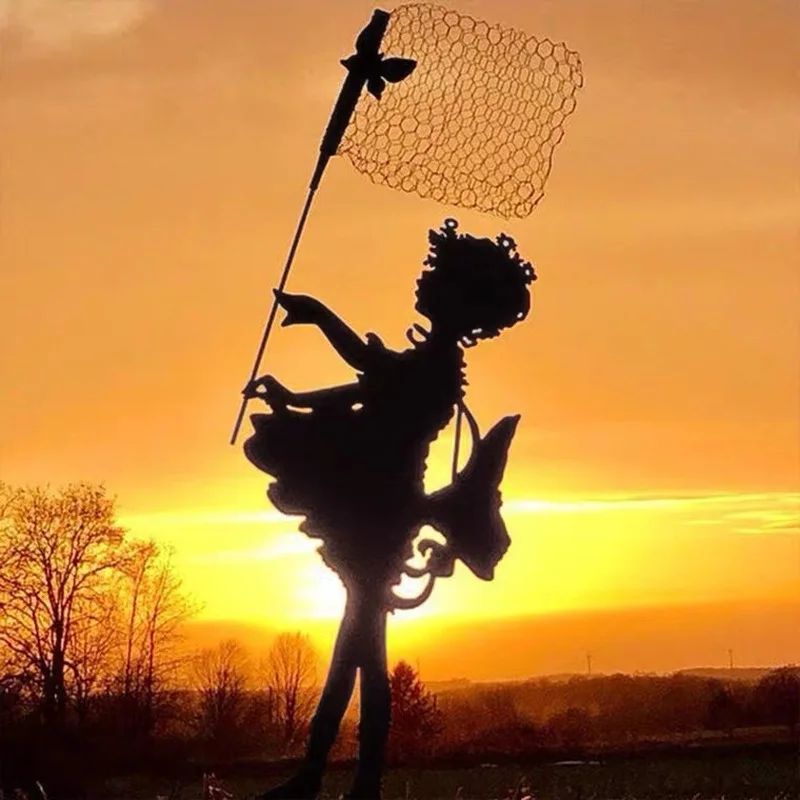 Wrought Iron Catcher Retro Metal Silhouette Sculpture for The Garden Memorial-sculp Creative Decorative Stakes Festivals Gifts