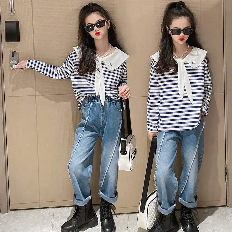 

Kids Clothes Sets Long Sleeve Striped Tops + Jeans 2 Pcs Suit Spring Autumn Casual Children Clothing for Girl Tracksuit