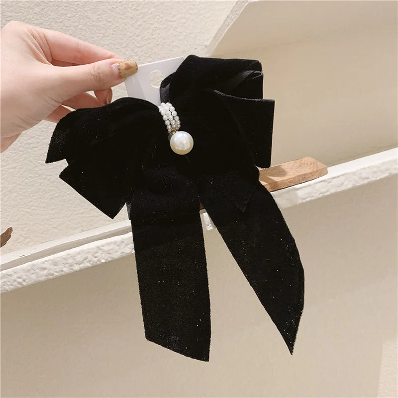 

Korean Fashion Exaggerated Imitation Pearl Large Ribbon Bow Spring Clip Temperament Sweet Girl Women's Hairpins Hair Accessories