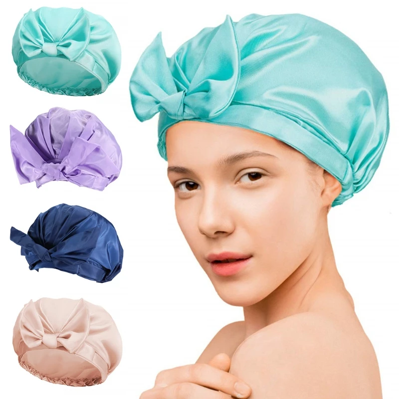 

Solid Color Shower Resuable Hat for Bathing in Satin Waterproof Sleeping Caring Hats for Salon & Spa