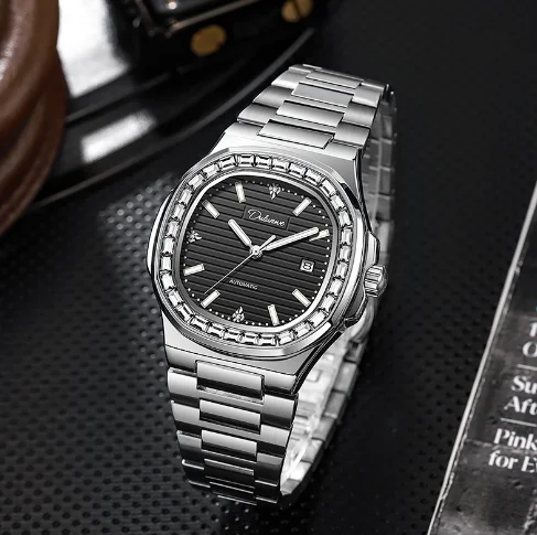 Мужские полностью автоматические механические часы с ремешком из нержавеющей