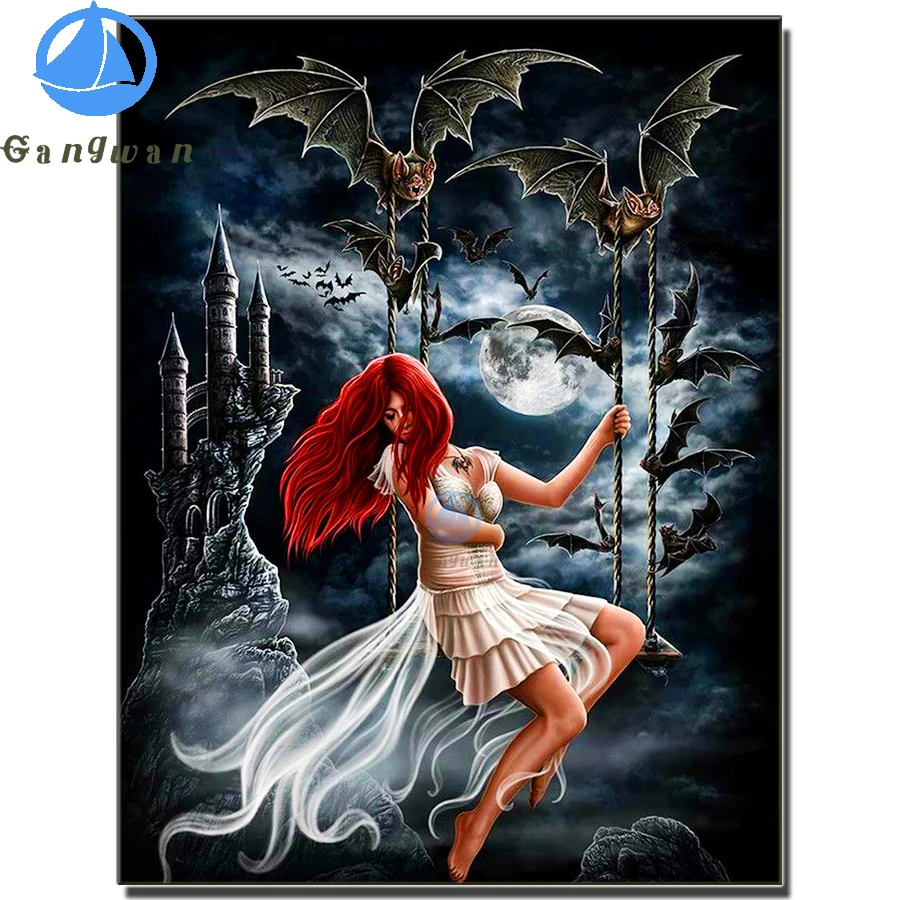 

Bat Swing Kit Full Square 5d round Diamond Painting Fantasy Gothic Dark Fairy Tale Red hair New Arrivals DIY Diamond Embroidery