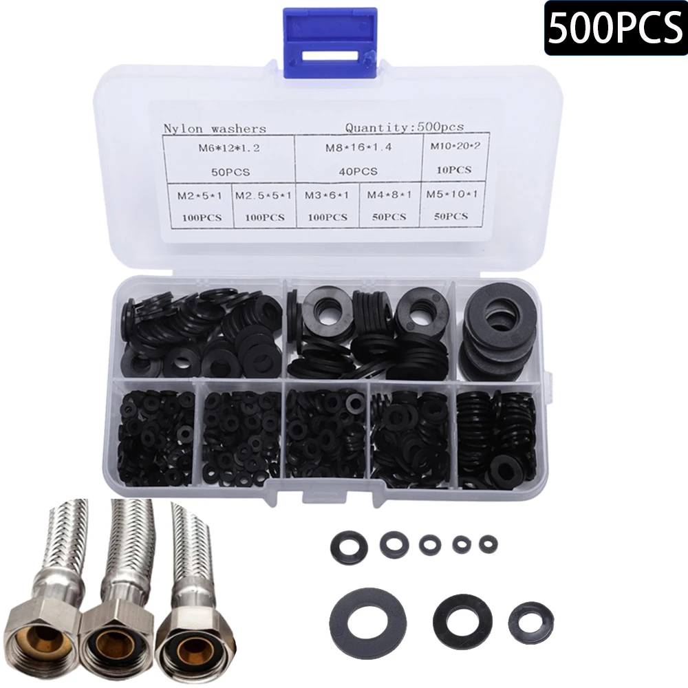 

500PCS/Box 8 Sizes Insulation Ring Nylon Flat Washer Gasket Assortment Kit M2 M2.5 M3 M4 M5 M6 M8 M10 O Ring Assortment Kit