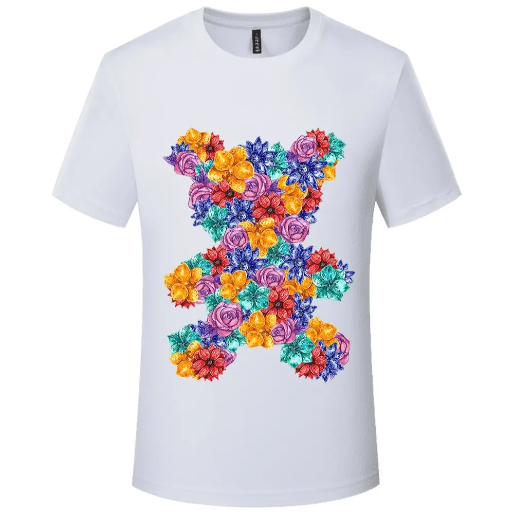 

Men's flower pattern splicing bear print short sleeve T-shirt summer new men's oversized graffiti patchwork color T-shirt men's