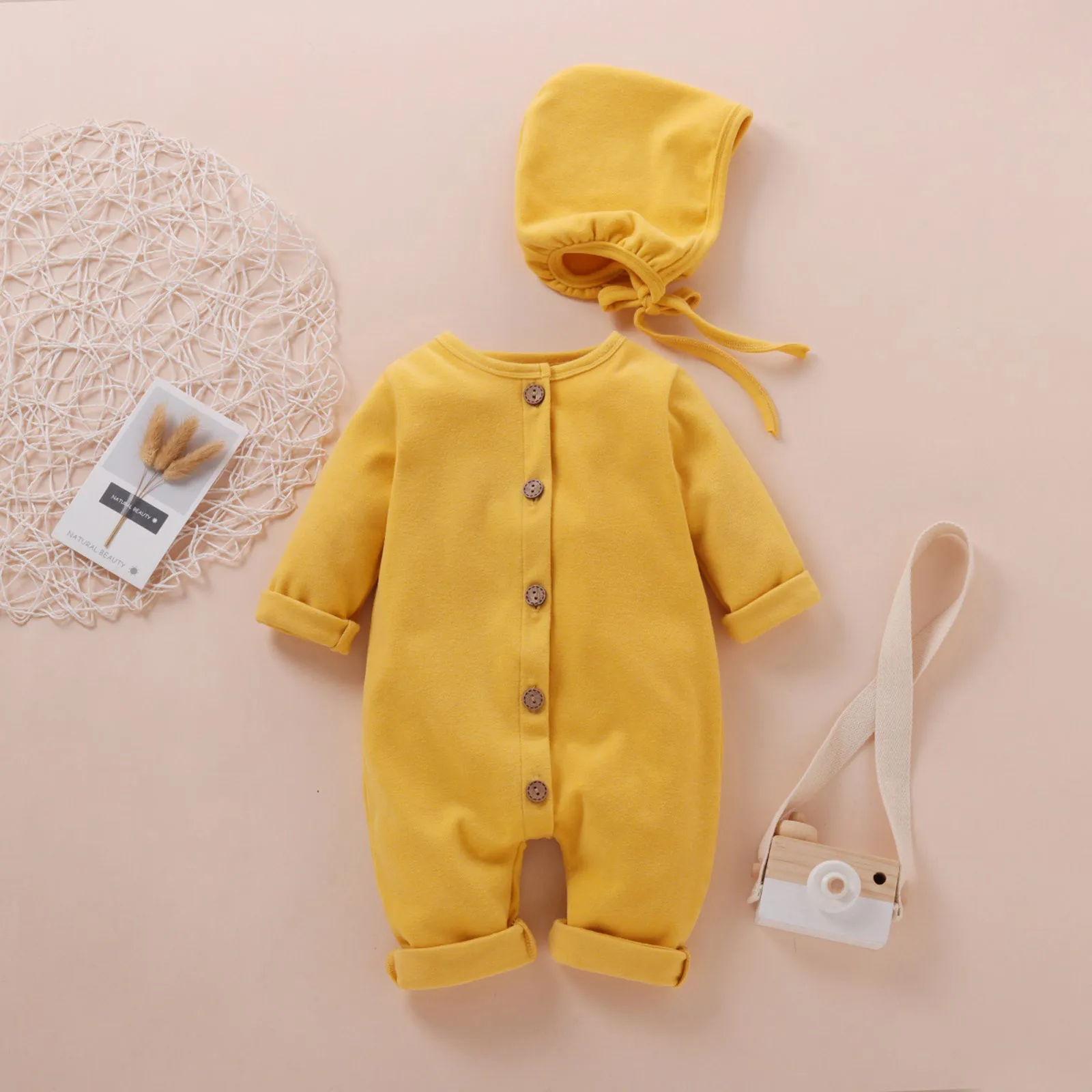 

Модная одежда для новорожденных, комбинезон для мальчиков и девочек, однотонный хлопковый комбинезон + шапка, осенняя одежда для младенцев, ...