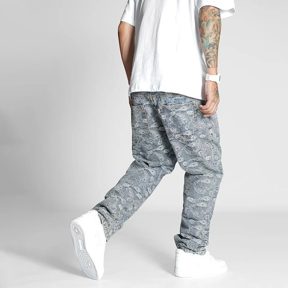 Men Jeans Trendy High Street Casual Straight  Pants Harajuku Style Fashin Men Loose Oversize  Paisley Wide Leg High Street