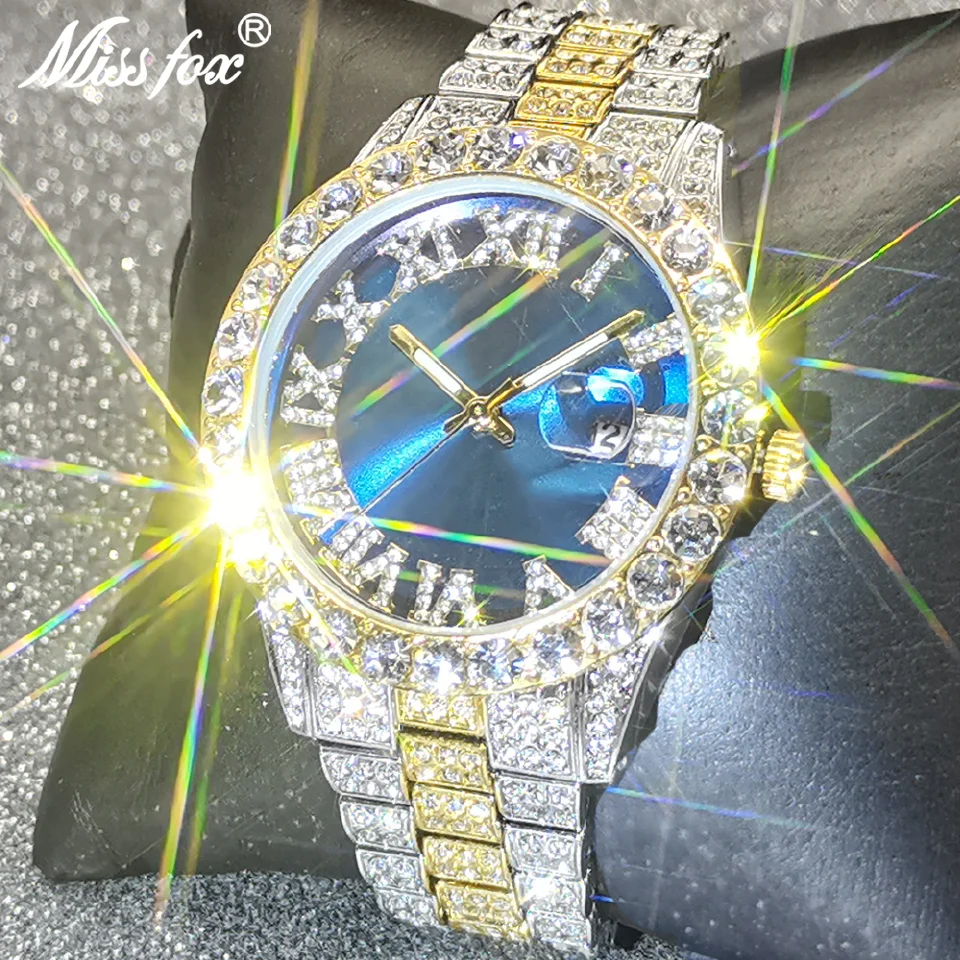 

Hip Hop MISSFOX Classic Luxury Men Watch Round Blue Dial Bling Quartz Wristwatch Shiny Jewelry Waterproof Relogio Masculino