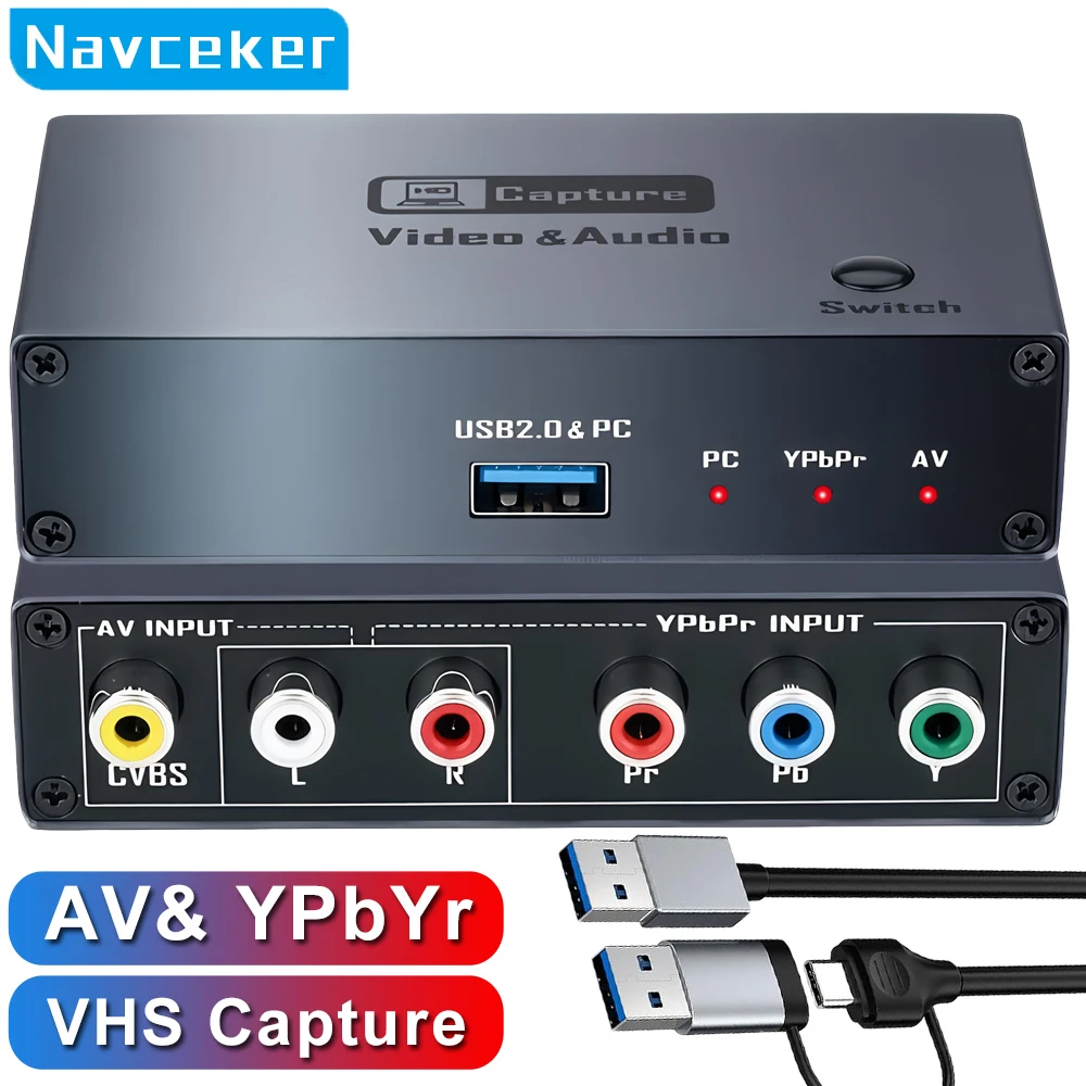 Фото Карта захвата видео Navceker USB 2.0 VHS AV RCA YPbPr 1080P, цифровой аудио-видео конвертер-рекордер для ПК, PS2, Wii №1