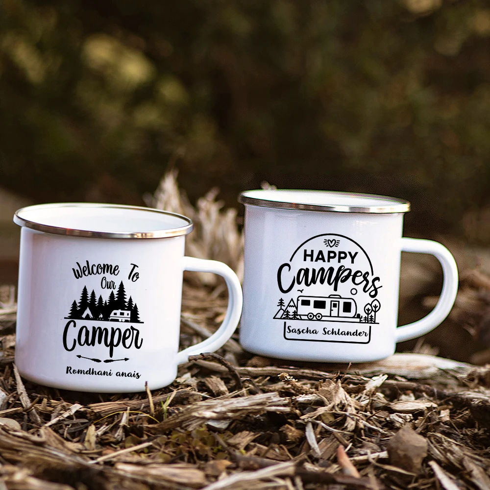 Personalized Campfire Mug 12oz Enamel Camping Coffee Mugs Outdoor Camp Style Mountain Travel Happy Camper Tin Coffee Cup Gift