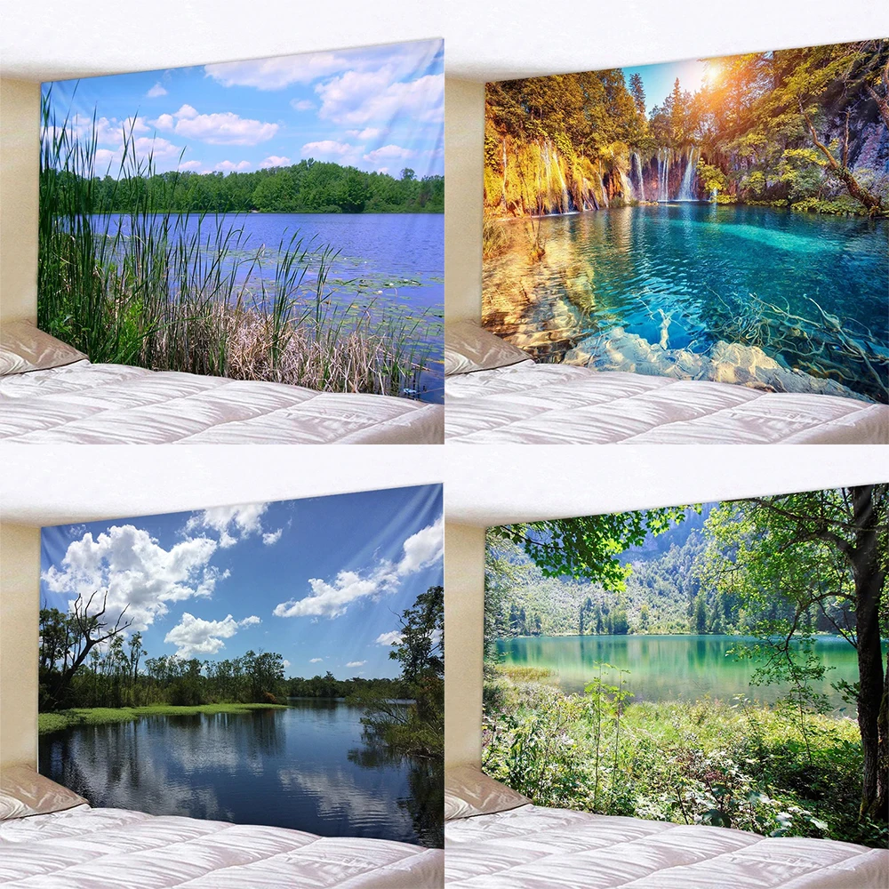 Тканевый фон для фотосъемки с изображением озера голубого неба заката ландшафта