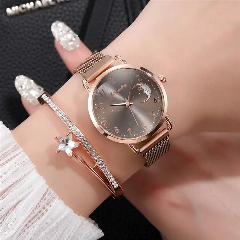 

Rose Gold Mesh Strap Women's Fashion Watches Simple Numbers Dial Luxury Quartz Watch Women Clock Rose Gold Pointer Wristwatches