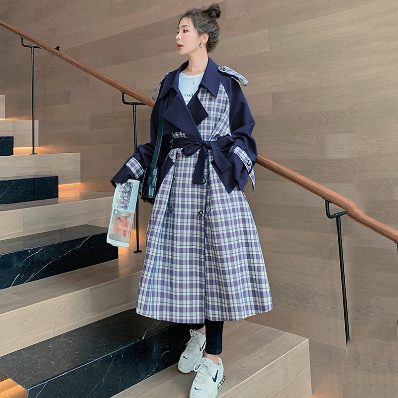 

Contrasting Color Stitching Plaid Women's Windbreaker Long British Spring Autumn Jacket Korean Loose Casual Trench Coat Female