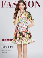 trendy tricolor print contrast ruffled small turtleneck elastic high waist dress slim fit short sleeve floral print dress 6a029