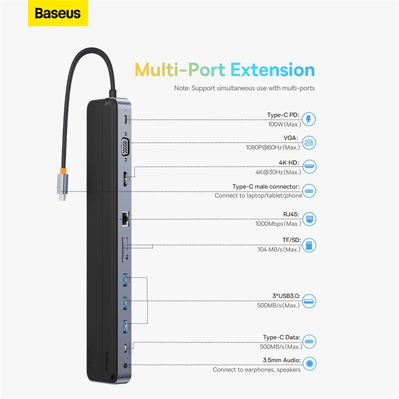 Фото Адаптер концентратора Baseus EliteJoy Gen2, 11 портов, Type-C, темно-серый (Type-C в HDMI * 1 + USB3.0 * 3 + PD * 1 + VGA * 1 + SD/TF * 1 + RJ45 * 1 + данные типа C * 1 + 3,5 м №2