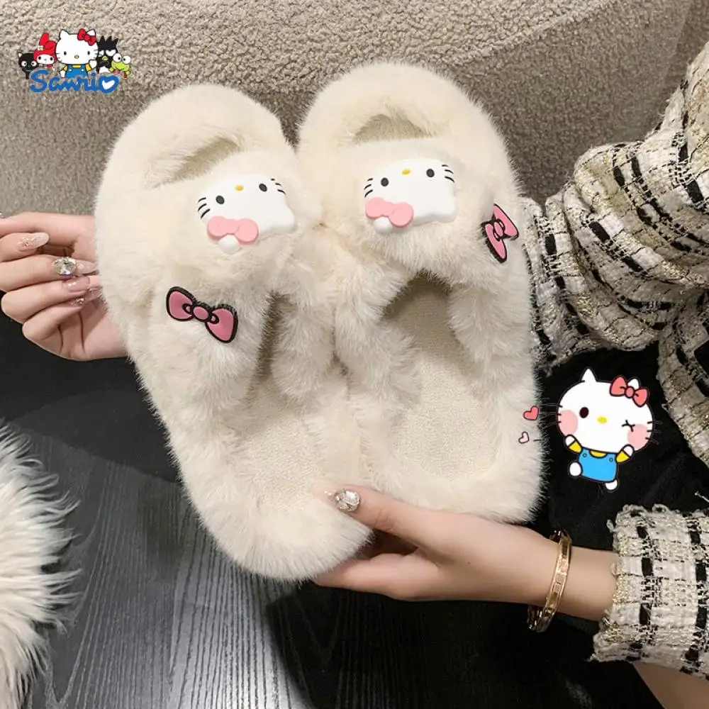 

Cartoon Sanrio Hellokitty Plush Slippers Autumn Winter Comfortable Soft Sole Women Fashion Thick Sole Exposed Toe Warm Home Shoe