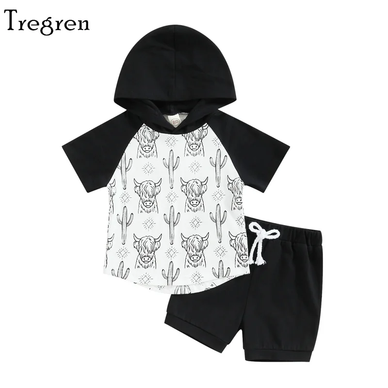 

Tregren 0-3Y Toddler Baby Boys Summer Outfits Cactus Bull Head Print Short Sleeve Hooded T-shirt Casual Elastic Shorts 2pcs Sets