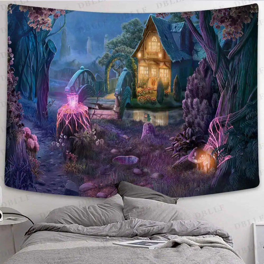 

Cartoon Fairy Tale Forest Cabin Tapestry Bohemian Dorm Room Essentials Tapestries Decorations For Room Wall Cloth Tapestries