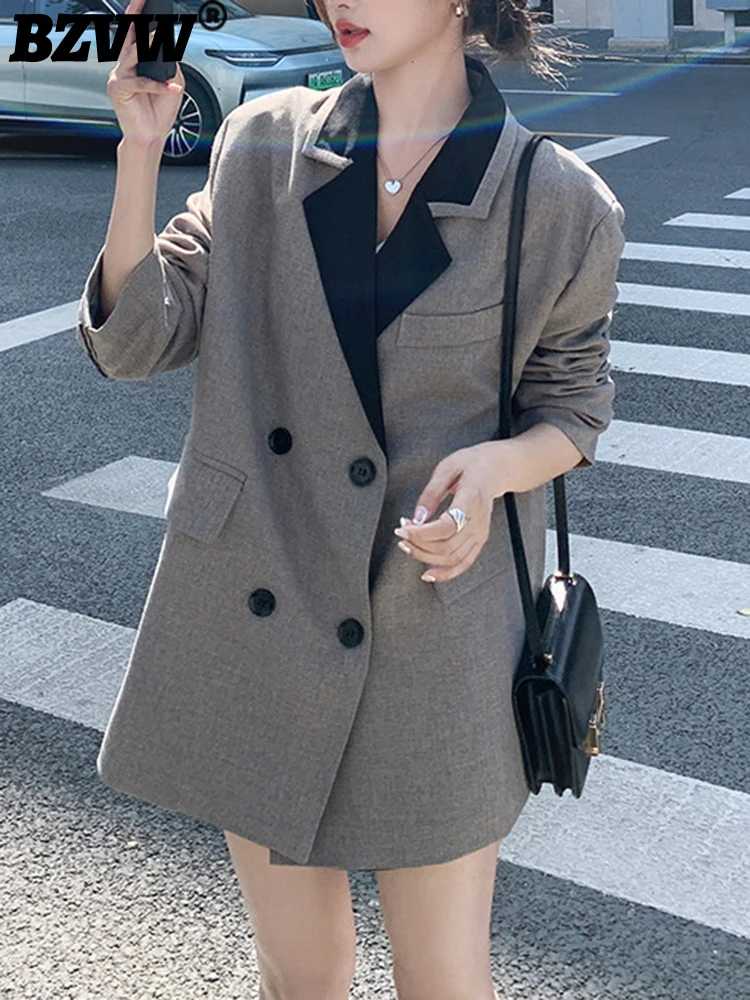 

BZVW Stitching Color Notched Collar Designer Blazers For Women Coat 2023 Spring Autumn Loose Versatile Casual Vintage Suit Coats