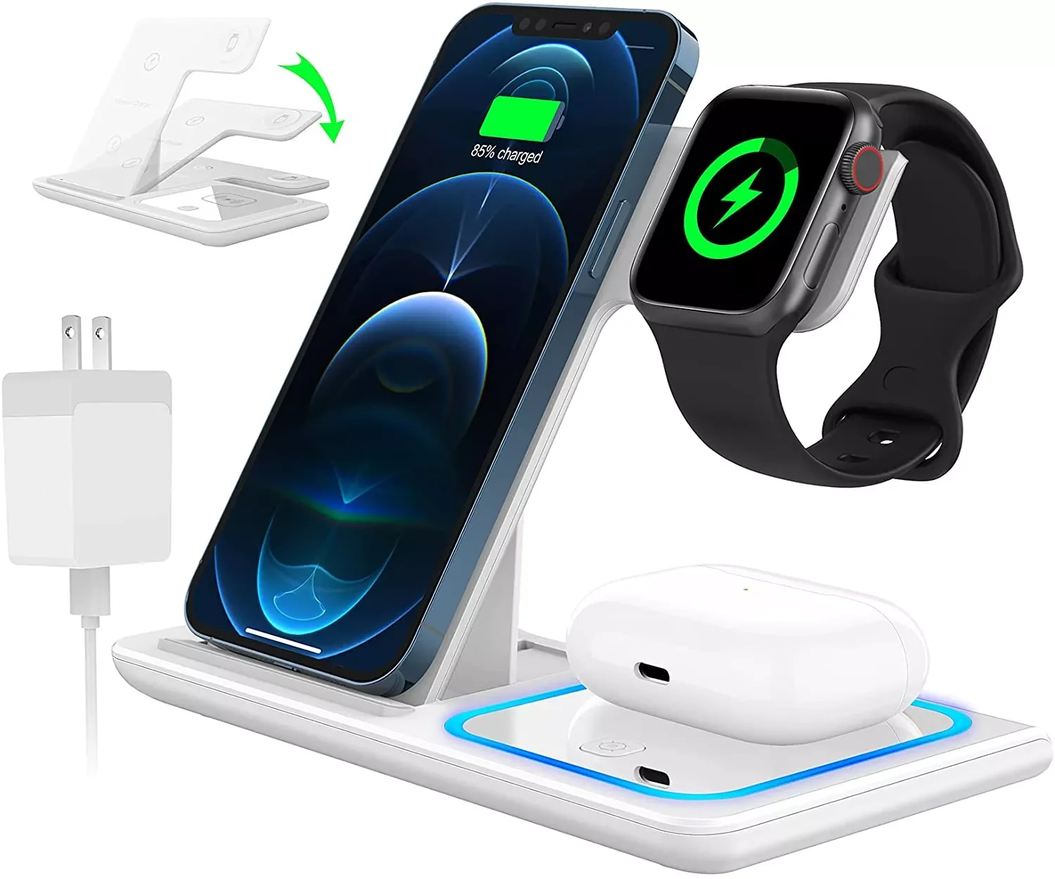 

Charger Foldable 3 in 1 Wireless Charging Station for Apple Watch 6 5 4 3 2 Airpods 2 Pro iPhone 13 12 11 Pro Max XR 8