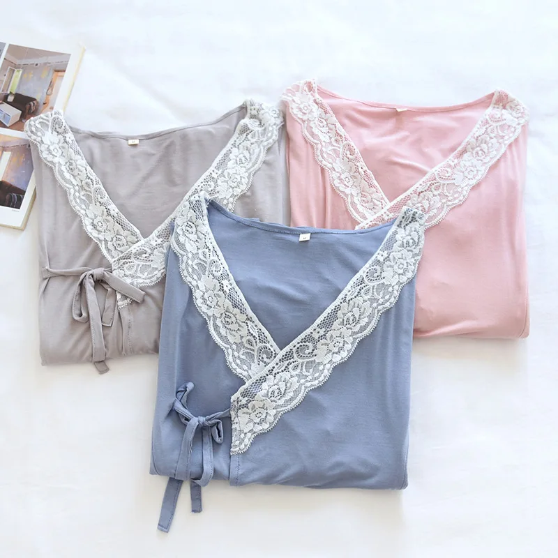 Modal Kimono Nursing Clothes Set Lace V Neck Zipper Spring Summer Thin Long Sleeve Trouser Breast-feeding Pregnant Woman Pajamas