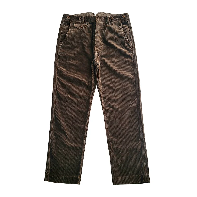

Men's Vintage Cotton Brown Corduroy Straight Pants Striped Cargo Pants Amekaji Casual Pants Overalls