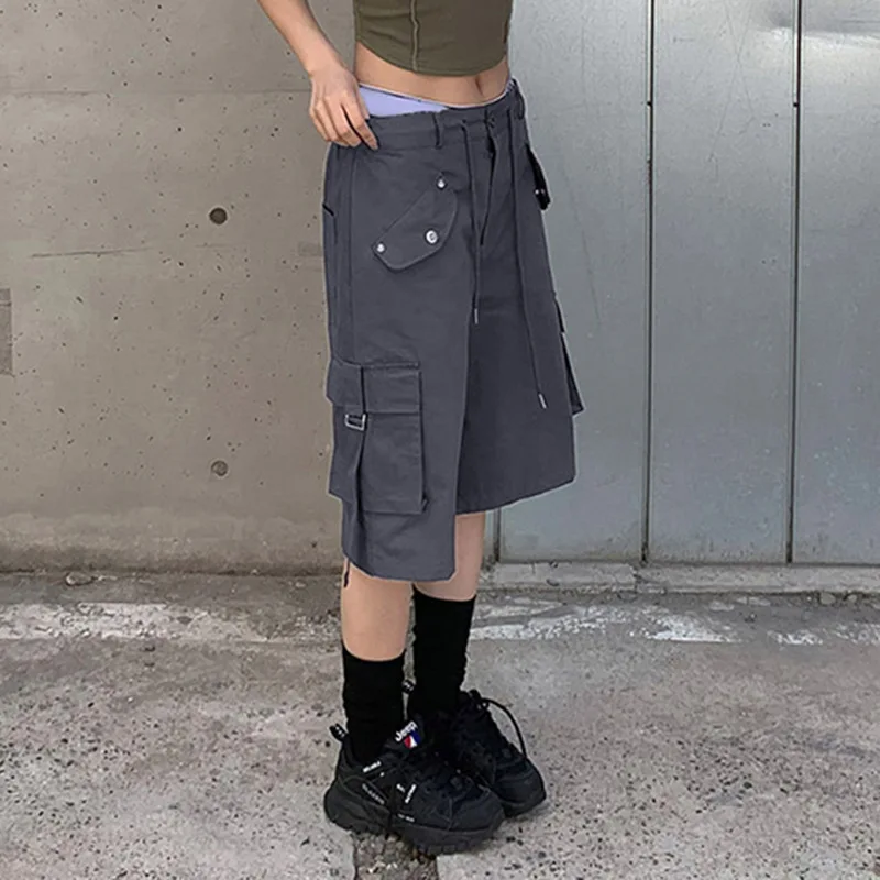 Goth Dark Grunge Y2k Streetwear Bermuda Shorts Vintage Gothic Casual Baggy Cargo Pants Women Fashion Low Raise Pocket Jorts 2023